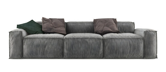 Grey 3 seater sofa and pillows, transparent. Png. 3D rendering
