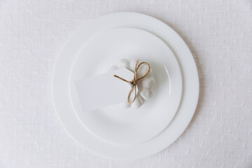 Thanksgiving set. Table setting, white plates with pumpkin, mockup, top view