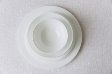 Thanksgiving set. Table setting, white plates, mockup, top view