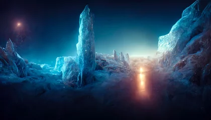 Abstract fantasy glacial winter cold neon landscape. Winter snowy landscape. Winter background, ice, Ice magic portal, light entrance. North polar relief. 3D illustration. © Terablete