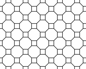 Contemporary tessellated geometric repeating octagon and squares regular grid pattern in black outlines, PNG Transparent Background