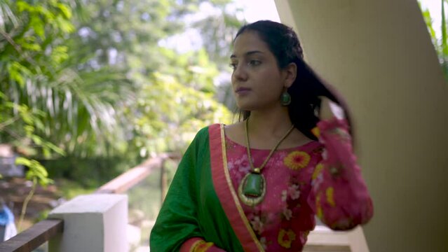 Beautiful Indian woman in traditional chaniya choli for navratri. Navratri is an Indian Festival and Chaniya choli its traditional costume