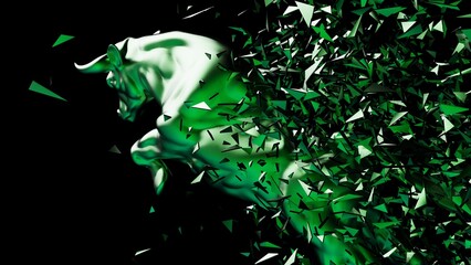 Metallic green bull with brown particles in dramatic contrasting light representing financial market trends under black-green background. Concept 3D CG of stock market.