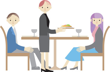 レストランで食事をする男女と料理を運ぶ女性のイラスト
