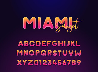 Miami sunset lettering typography round alphabet. Vector font for summer, night, clubbing events