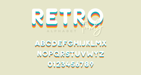 Vector of modern vibrant font and alphabet with numbers. Bold round typeface with different colors in vintage trendy style