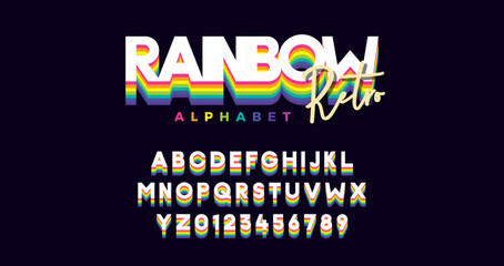 Rainbow retro font. Vector of modern vibrant alphabet and numbers. Typeface with different colors in vintage trendy style.