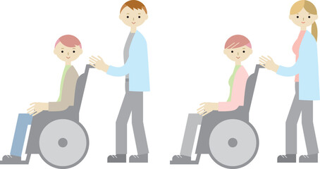 車椅子を押す男女のイラスト