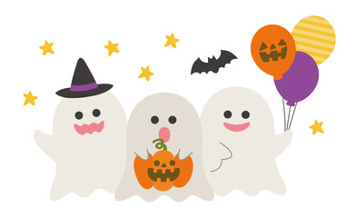 ハロウィンのイラスト／ジャックオーランタン・カボチャ・おばけ・コウモリ・星・魔女の帽子・風船