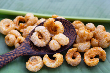 Crispy pork rinds or pork snack.