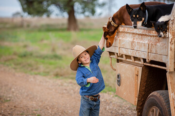 Boy pats his kelpie dog on the back of the farm ute