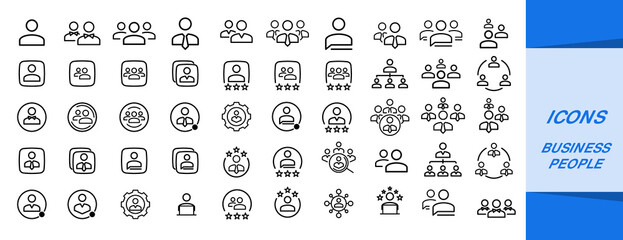 Business people line icons set. Business management outline icons collection. Businessman, Teamwork, human resources, meeting, partnership, workgroup, success, resume,  stock vector illustration icon