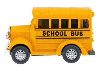 Cutout of an isolated generic yellow school bus miniature toy  with the transparent png background	