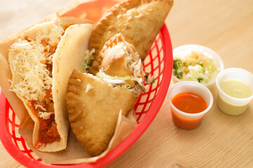 flour and corn empanadas with Mexican stews, typical Mexican food