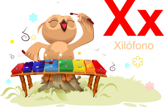ABC spanish alphabet study letter X xilofono language xylophone translation. Owl musician cute drawing