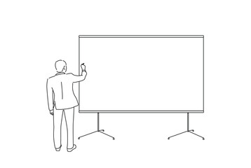 Drawing of blank poster and drawing businessman. Line art style