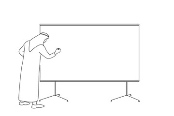 Drawing of arab businessman making a presentation at office. Entrepreneur using whiteboard to present ideas. One line art