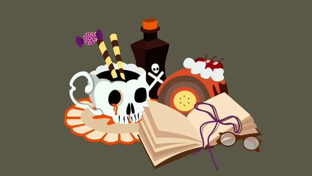 Halloween vibe elements, skull drink and haunted book