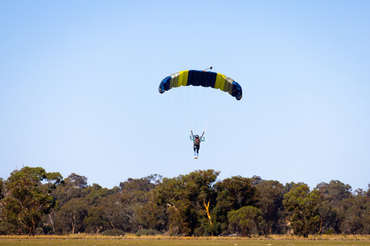 skydiver descending from blue sky near wooded area