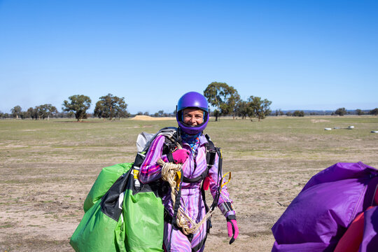 Elated Skydiver Returning From Jump At Country Drop Zone