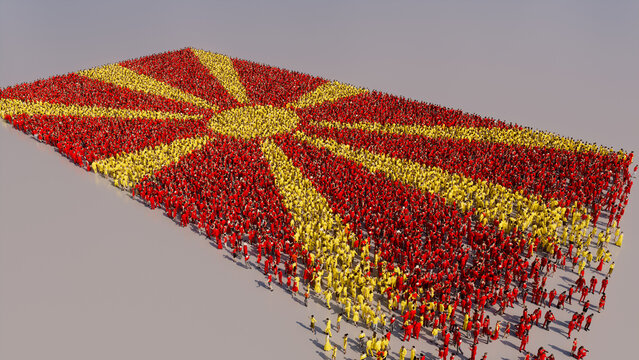 North Macedonian Flag formed from a Crowd of People. Banner of North Macedonia on White.