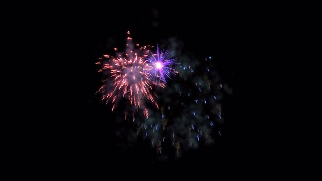Animation pyrotechnic light show. Multi colored fireworks for holiday background such as New Year eve, Christmas, an other celebration. Firecrackers. 4K 3D rendering isolated transparent with alpha ch