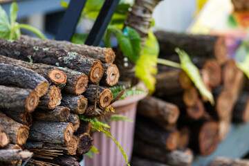 logs of kindling firewood stacked on veranda