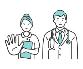 若い男性医師と女性看護師　相手を制止するポーズ