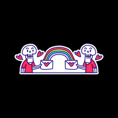 Two skull characters holding love letter with rainbow, illustration for t-shirt, sticker, or apparel merchandise. With doodle, retro, and cartoon style.