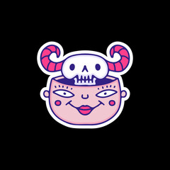 Funny devil skull inside the human head, illustration for t-shirt, sticker, or apparel merchandise. With doodle, retro, and cartoon style.