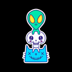 Kawaii alien, skull, and monster cat, illustration for t-shirt, sticker, or apparel merchandise. Street art cartoon.