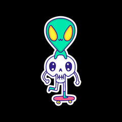 Cute alien and skull character riding skateboard, illustration for t-shirt, sticker, or apparel merchandise. With doodle art.