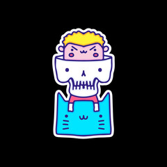 Funny boy, skull, and cat character, illustration for t-shirt, sticker, or apparel merchandise. With doodle art.