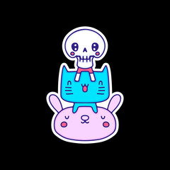 Kawaii skull, cat, and bunny character, illustration for t-shirt, sticker, or apparel merchandise. Street art cartoon.