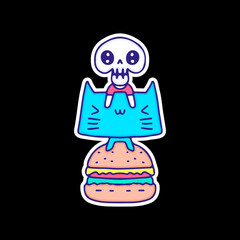Kawaii skull, cat, and burger, illustration for t-shirt, sticker, or apparel merchandise. Street art cartoon.