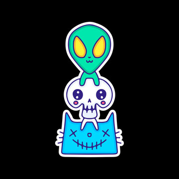 Kawaii alien, skull, and monster cat, illustration for t-shirt, sticker, or apparel merchandise. Street art cartoon.