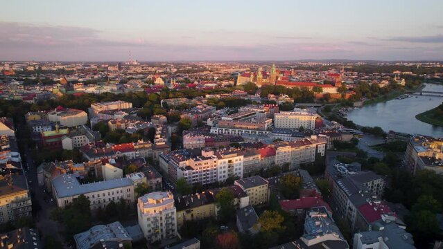 Aerial view of Vavele castle and city center of Krakow, Poland