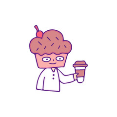 Cool cupcake man drink a cup of coffee, illustration for t-shirt, sticker, or apparel merchandise. With doodle, retro, and cartoon style.
