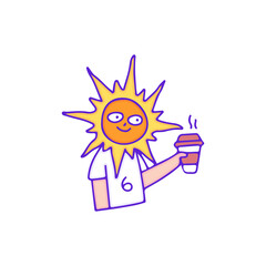 Cool sun character drink a cup of coffee, illustration for t-shirt, sticker, or apparel merchandise. With doodle, retro, and cartoon style.