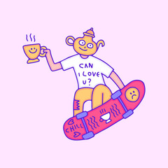 Cool teapot character freestyle with skateboard, illustration for t-shirt, sticker, or apparel merchandise. With modern pop art.