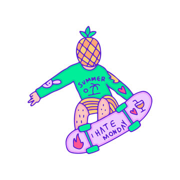 recommend clip art: Cool pineapple boy character freestyle with skateboard, illustration for t-shirt, sticker, or apparel merchandise. With modern pop art.