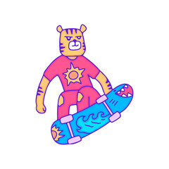 Cool tiger character freestyle with skateboard, illustration for t-shirt, sticker, or apparel merchandise. With modern pop art.