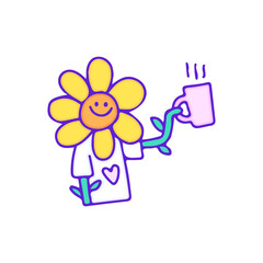 Cute sunflower character drink cup of coffee, illustration for t-shirt, sticker, or apparel merchandise. With doodle, retro, and cartoon style.