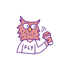 Cool owl character drink a cup of coffee, illustration for t-shirt, sticker, or apparel merchandise. With doodle, retro.