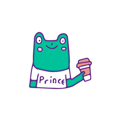Cool frog character drink a cup of coffee, illustration for t-shirt, sticker, or apparel merchandise. With doodle, retro, and cartoon style.