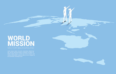 Silhouette of businessman and businesswoman point finger on world map. Business Concept of world target mission.
