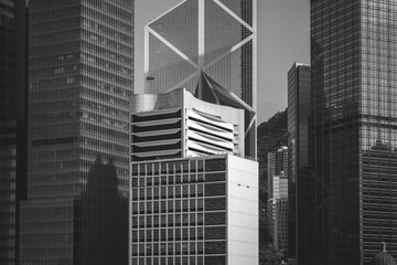 Hong Kong Commercial Building Close Up; black and white color