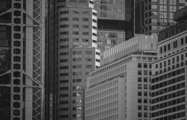 Hong Kong Commercial Building Close Up; black and white color