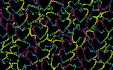 Colorful doodle hearts on black background