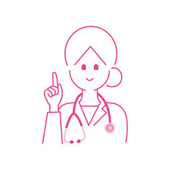 右手の人差し指を立てている女医の上半身